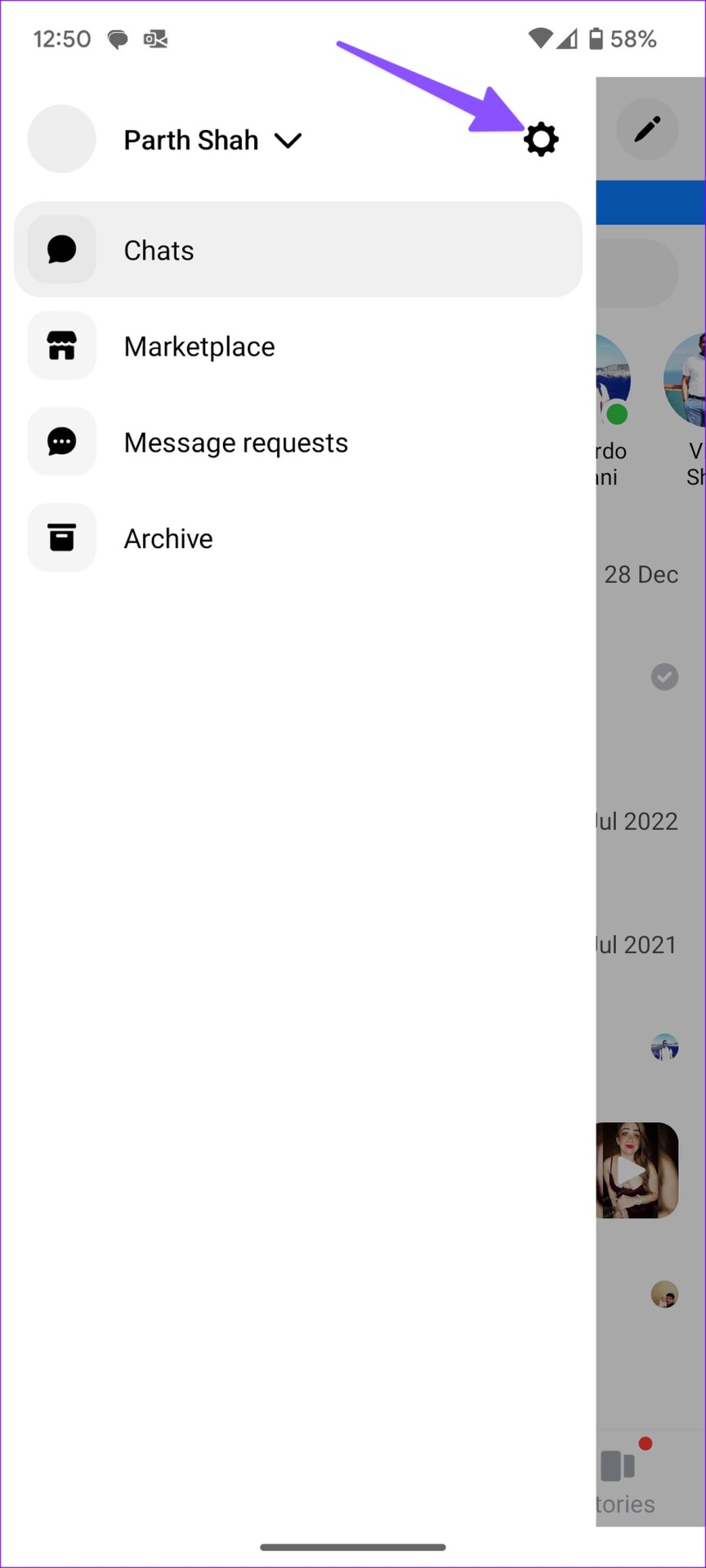 settings for on Facebook Messenger
