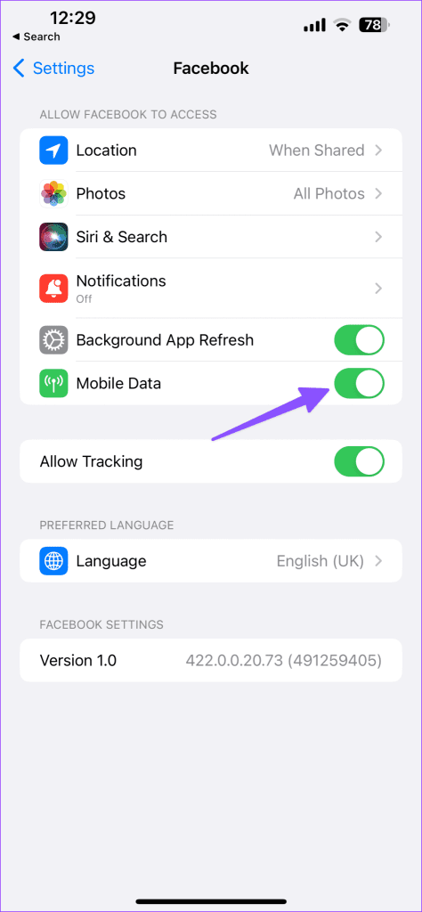 Enable the Mobile Data toggle