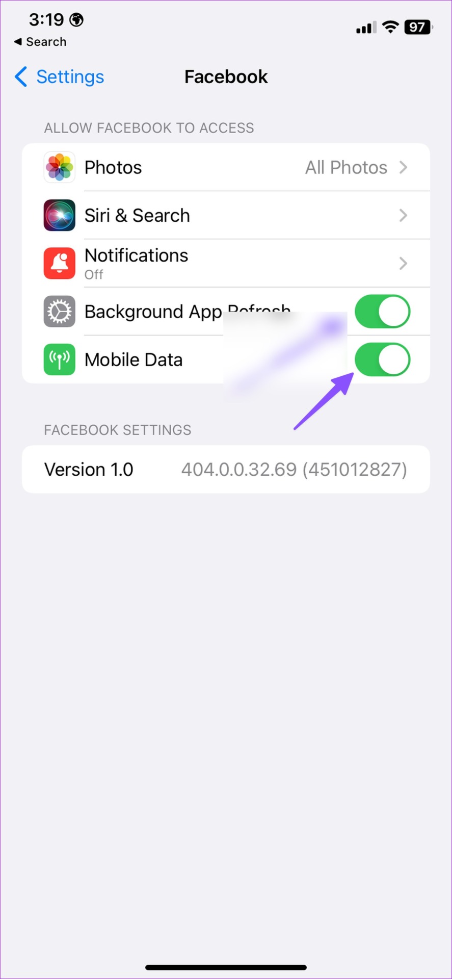 Enable mobile data for Facebook