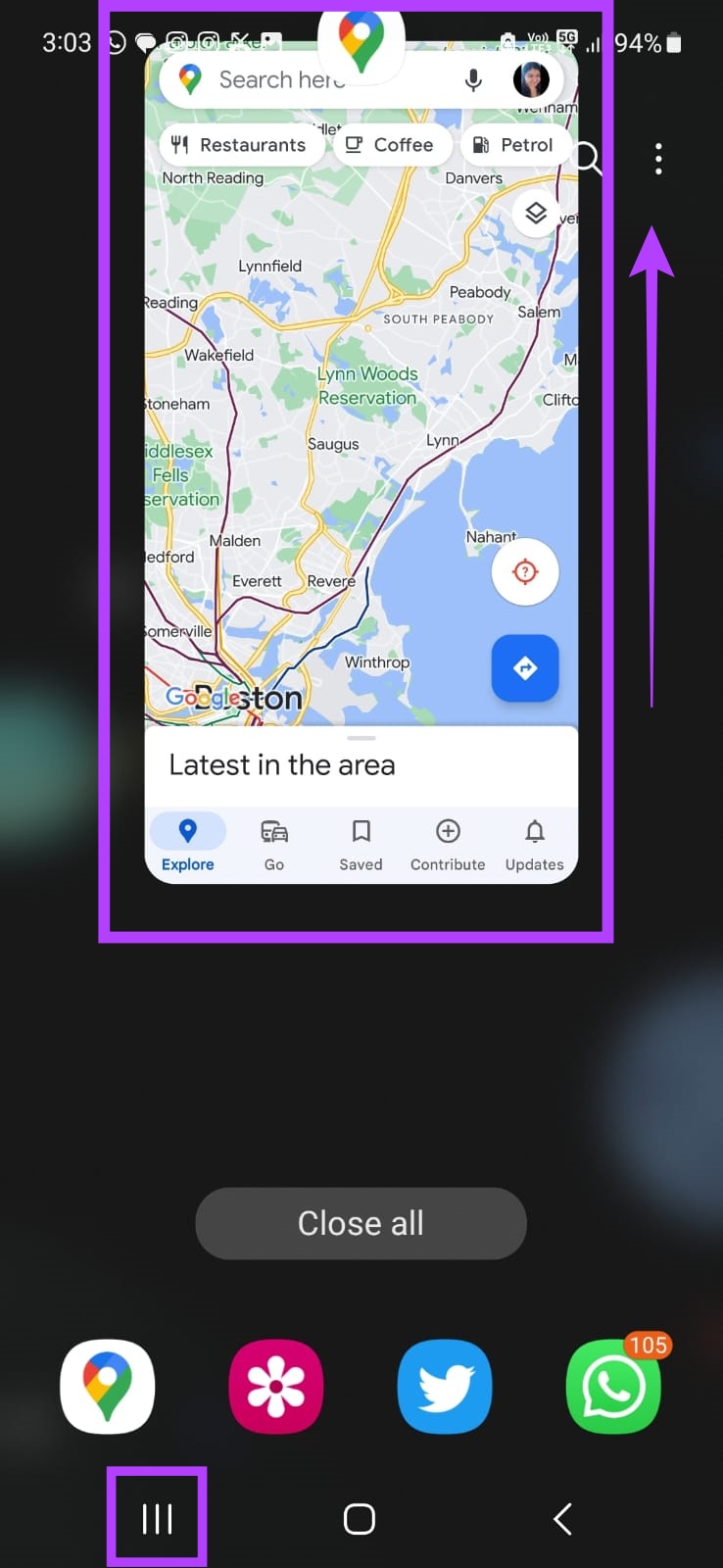 برنامه Google Maps را نگه دارید و انگشت خود را به سمت بالا بکشید