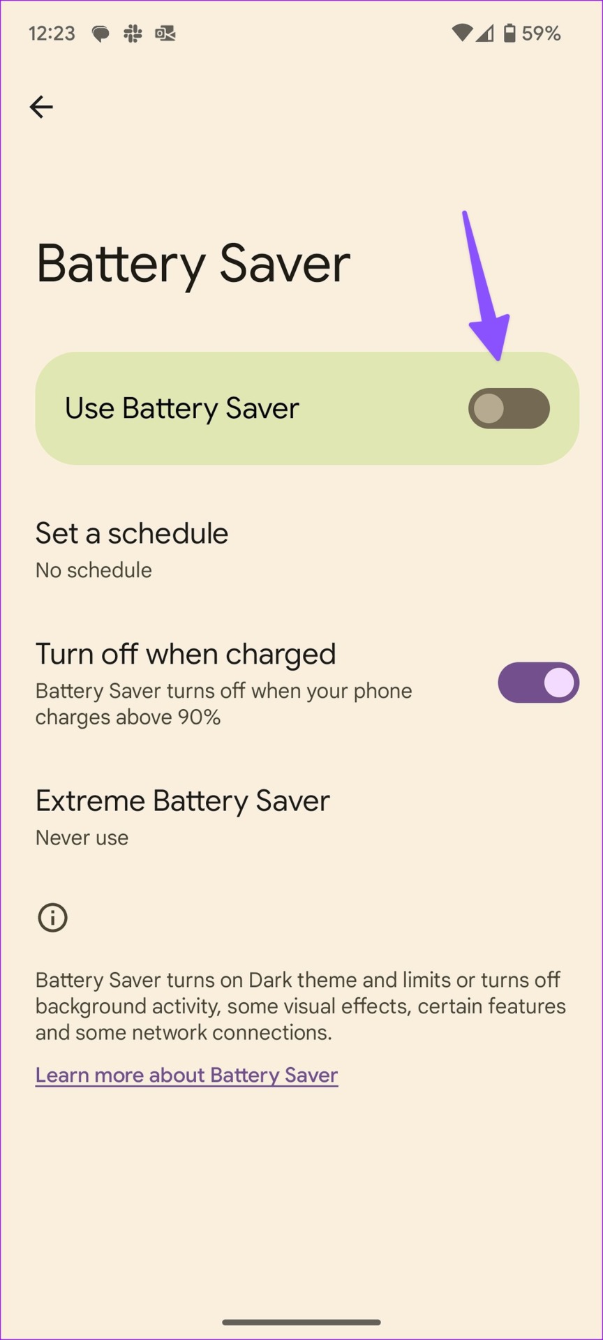 Disable battery saver on Android