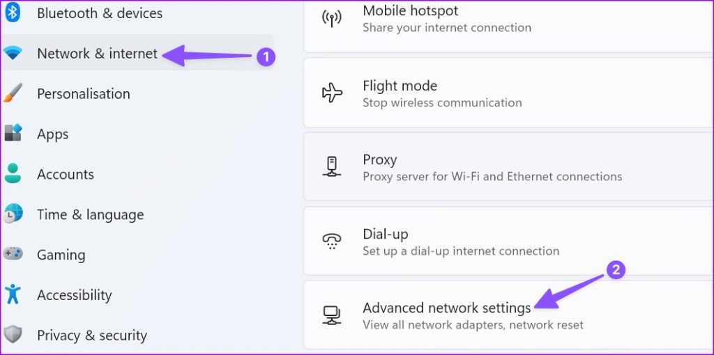 advanced network settings on Windows