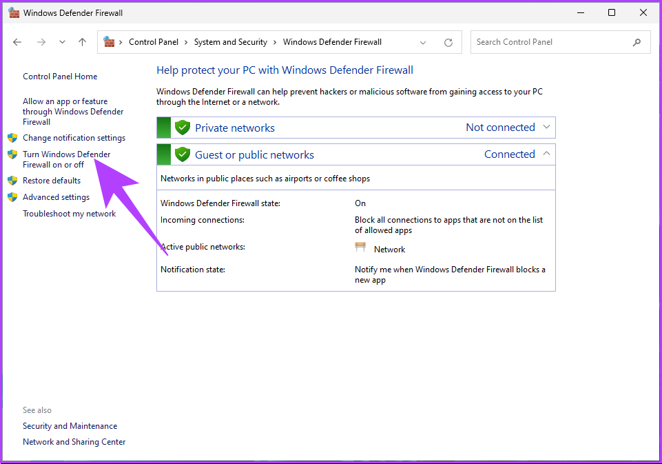 click on the ‘Turn Windows Defender Firewall on or off’ option