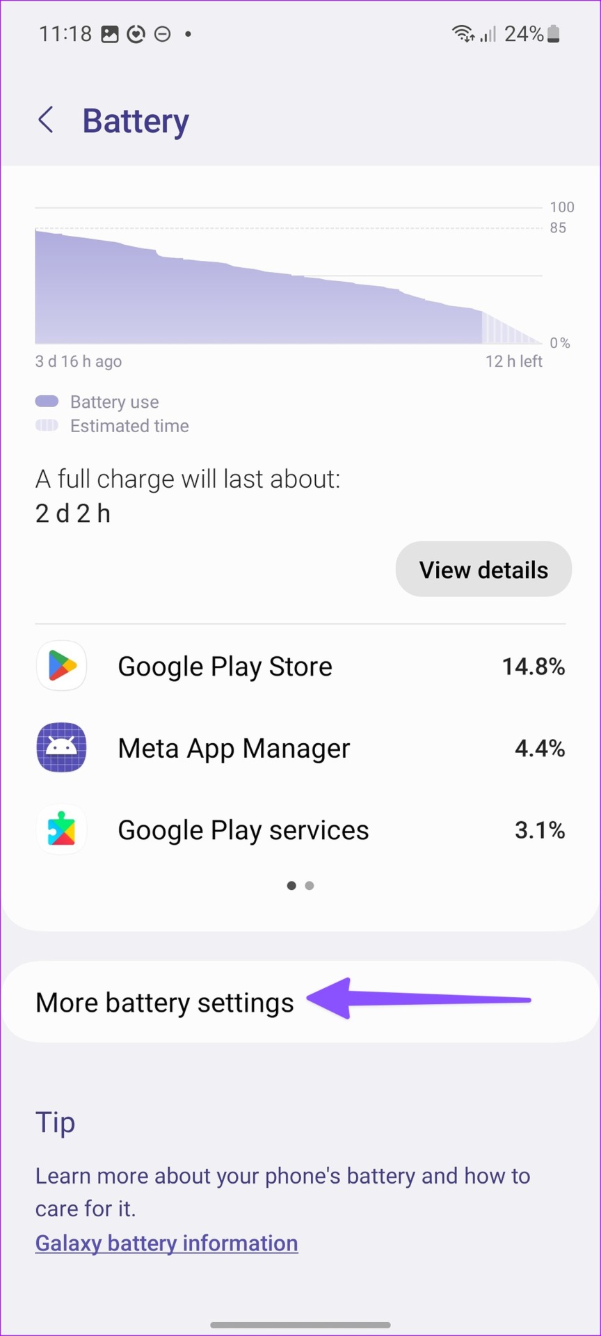 Battery settings on Samsung phone