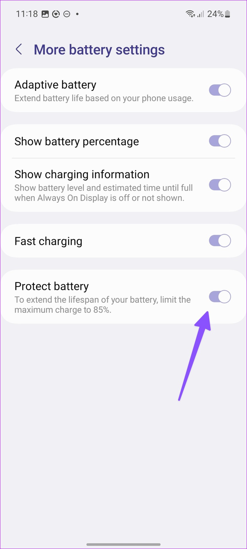 Disable protect battery on Samsung phone