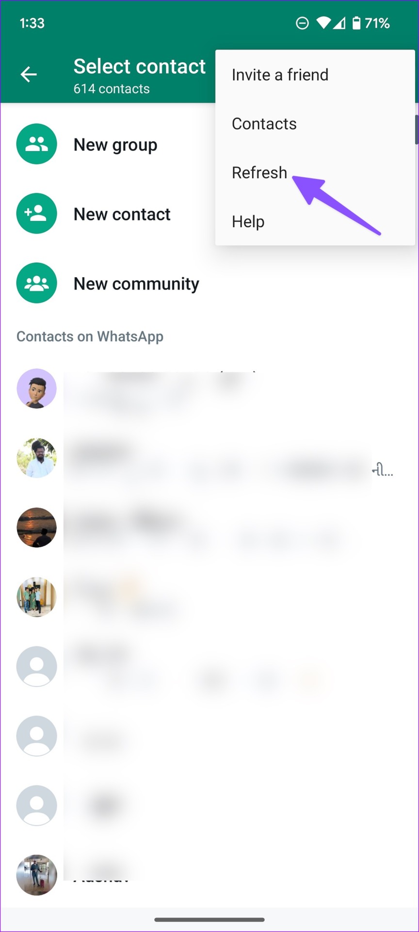 Refresh contacts on WhatsApp