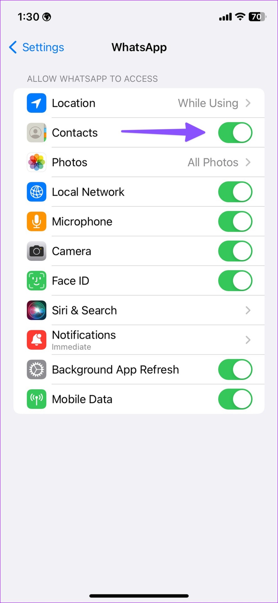 Enable contacts permission on iPhone