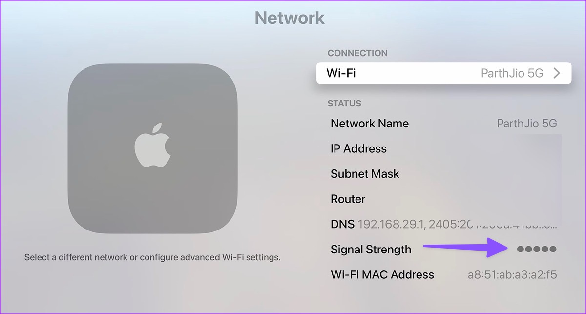 قدرت سیگنال Wi-Fi را در Apple TV بررسی کنید