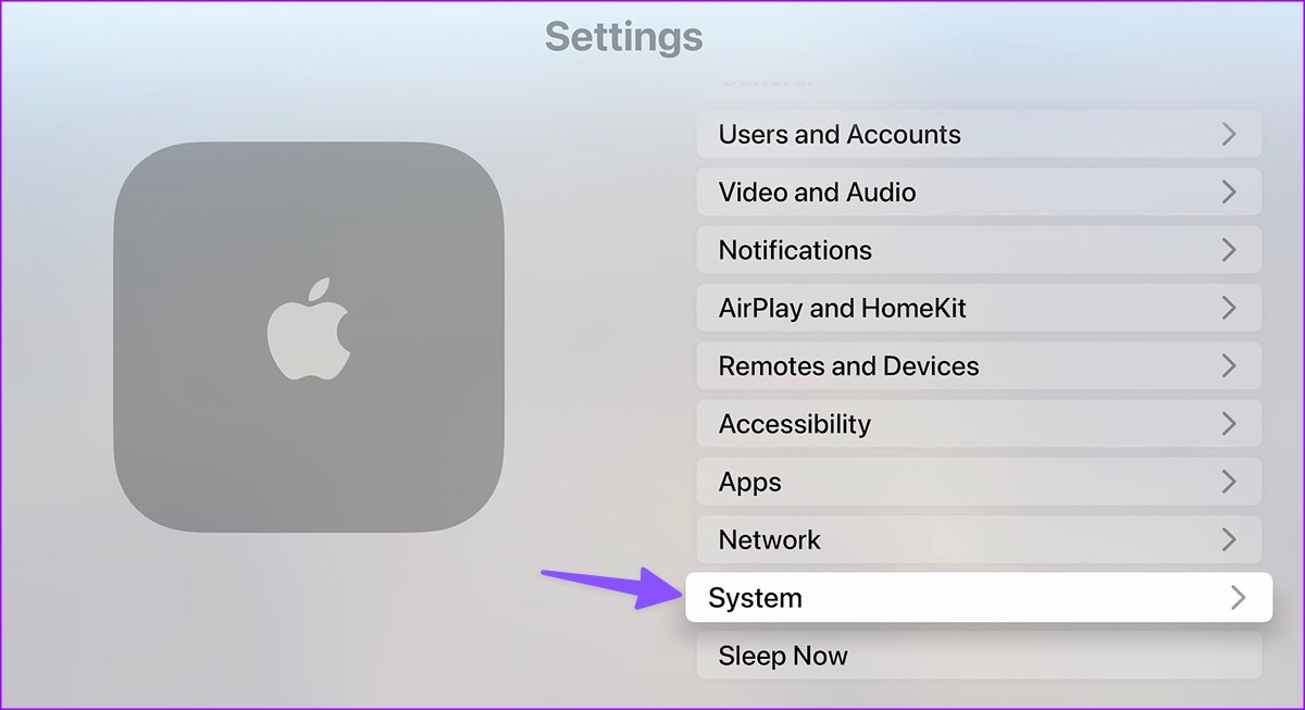 تنظیمات سیستم را در Apple TV باز کنید