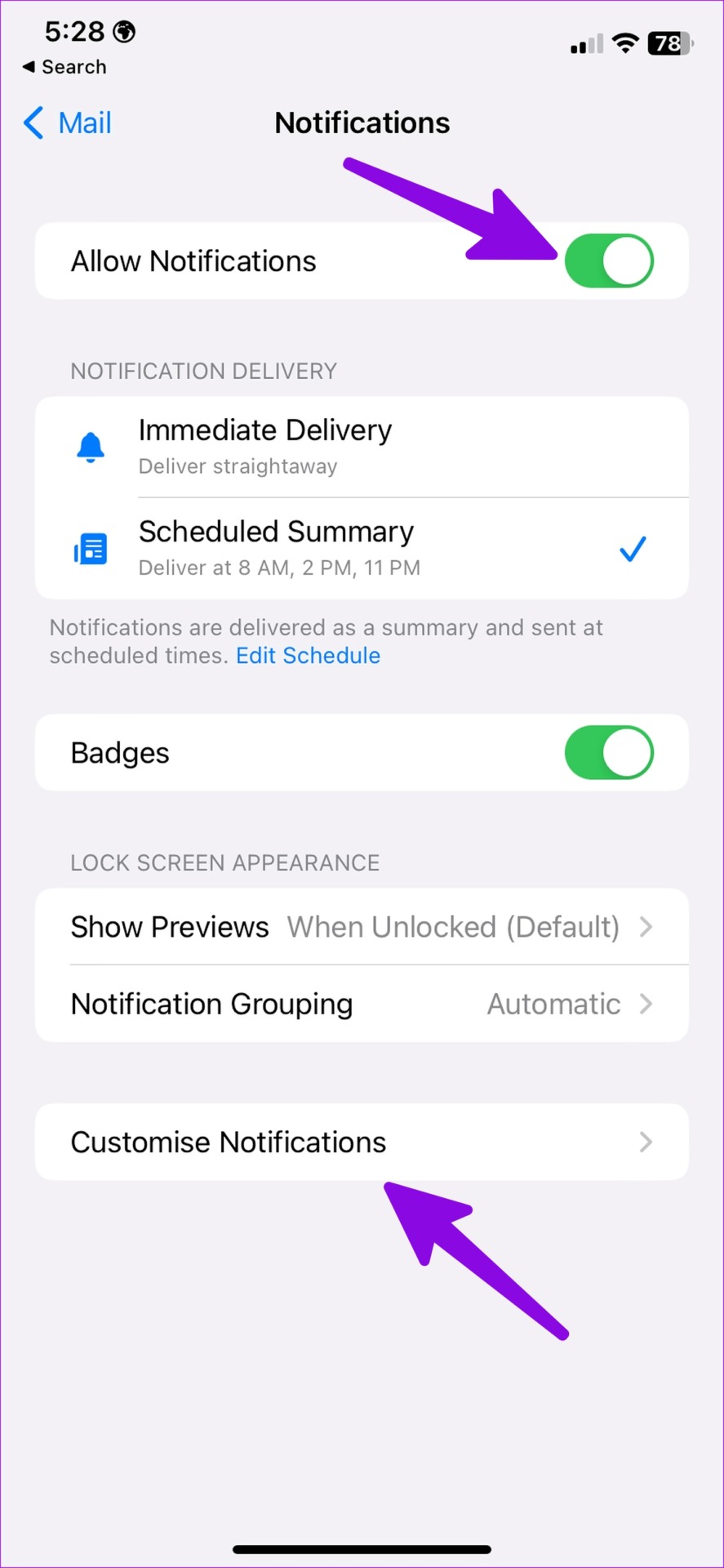 mail notifications on iphone