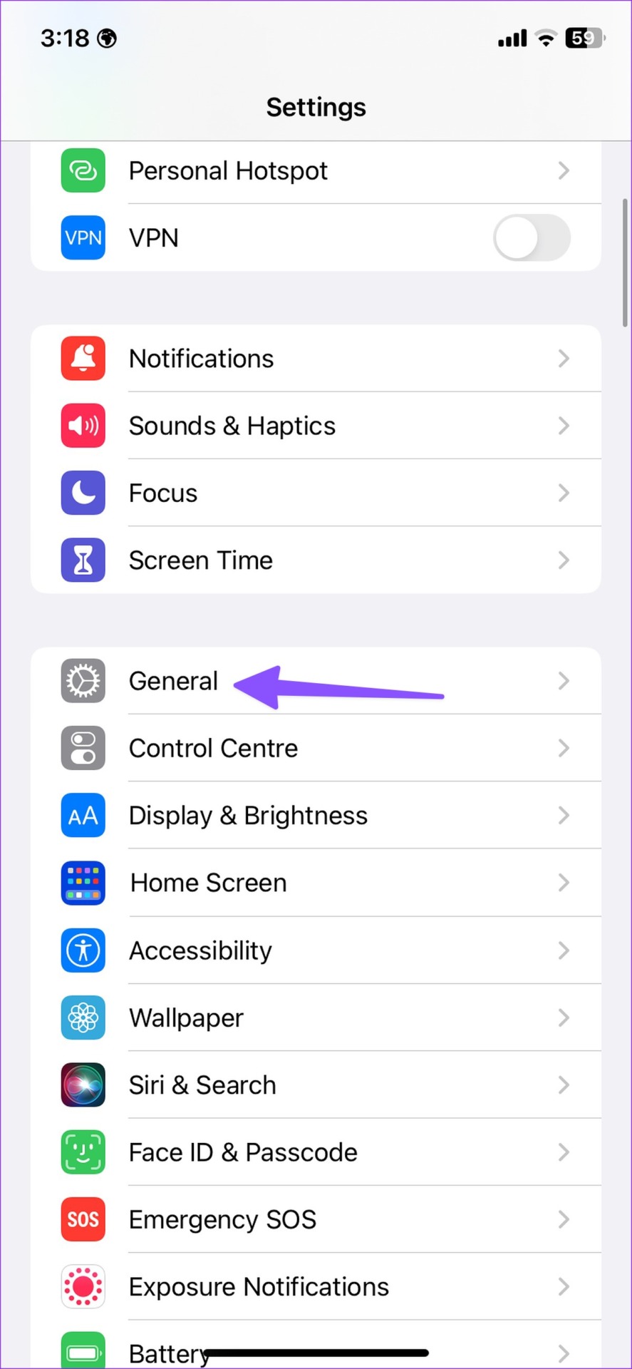 General menu on iPhone