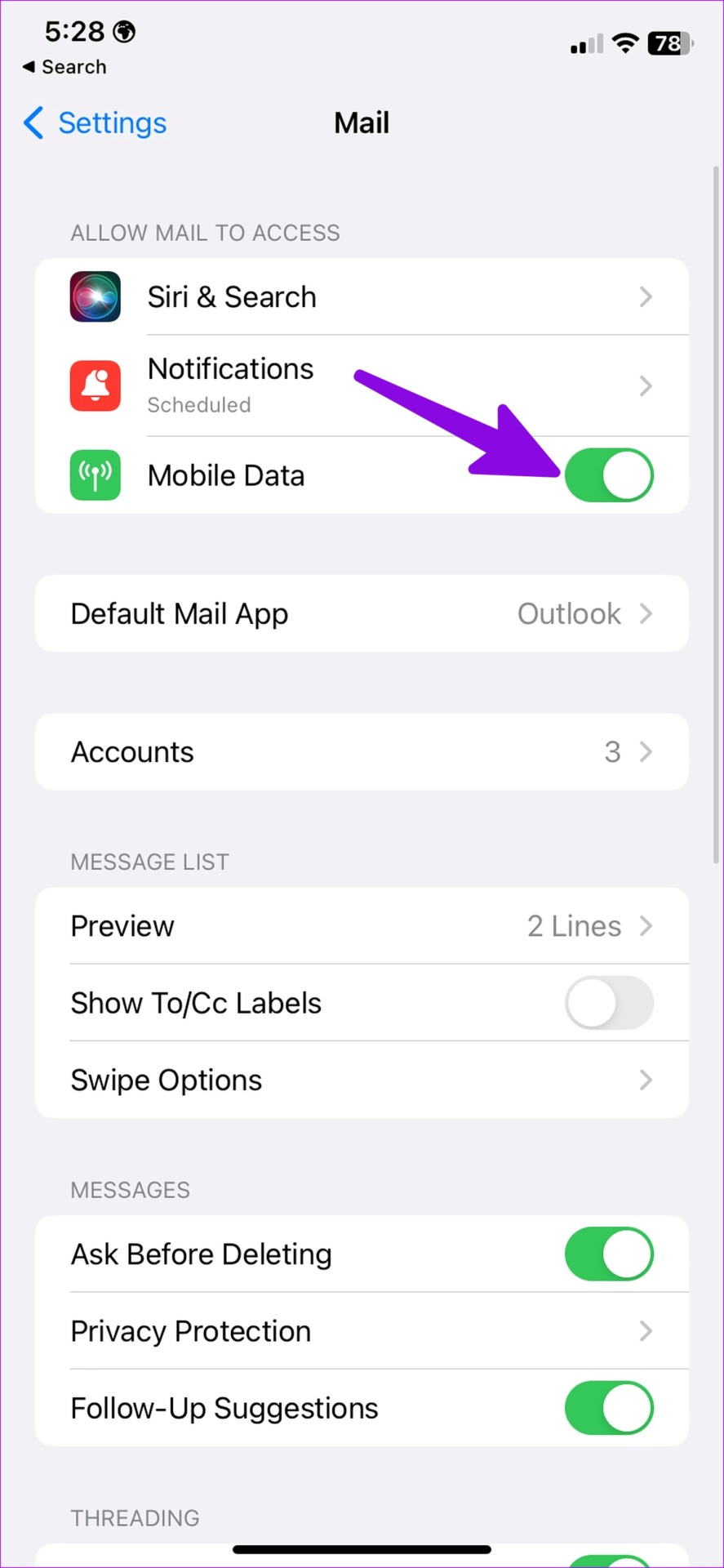 enable mobile data for mail