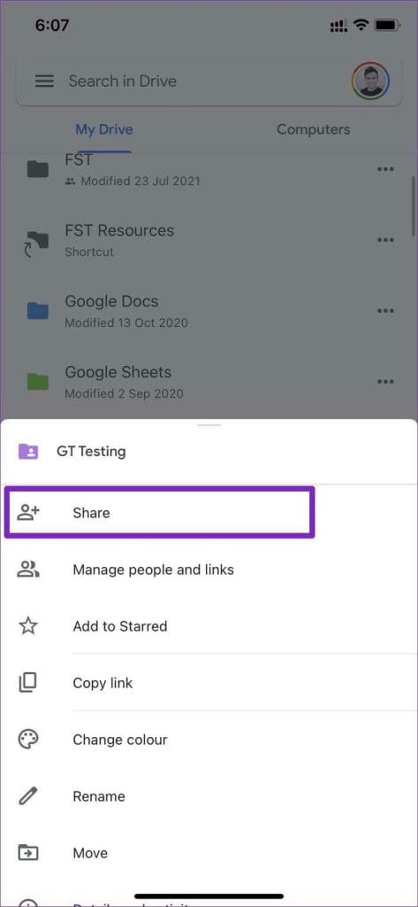 Folder share option