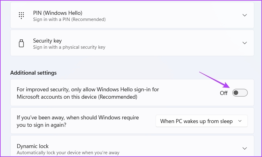 Disabling the For improved security, only allow Windows Hello sign-in for Microsoft accounts on this device option