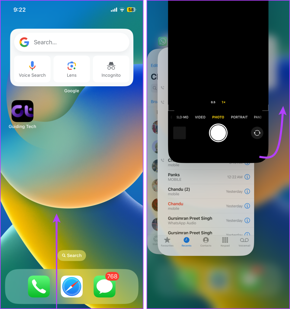 Open App Switcher and close Camera app