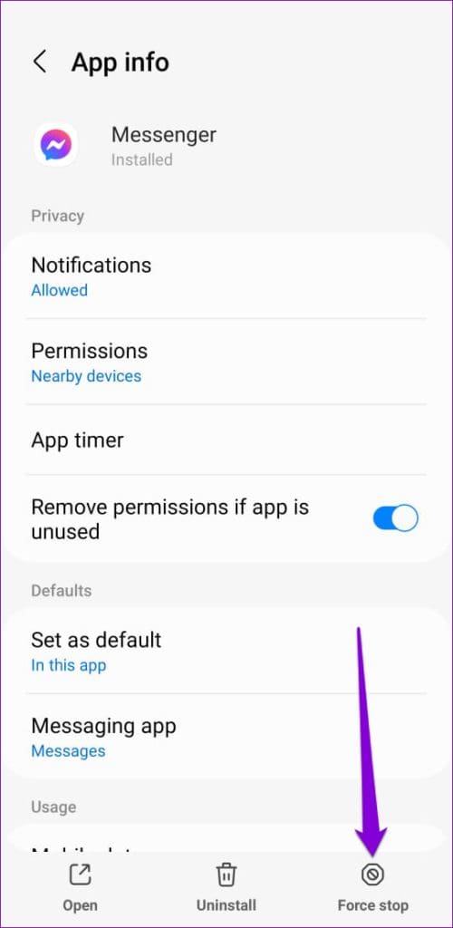 Force Stop Facebook Messenger on Android