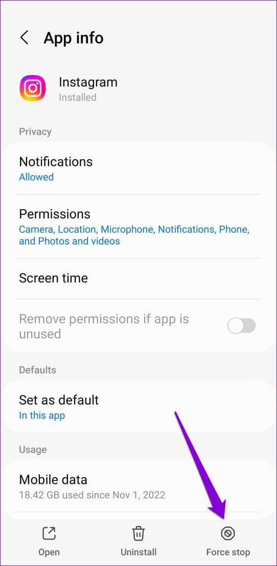 Force Stop Instagram App on Android