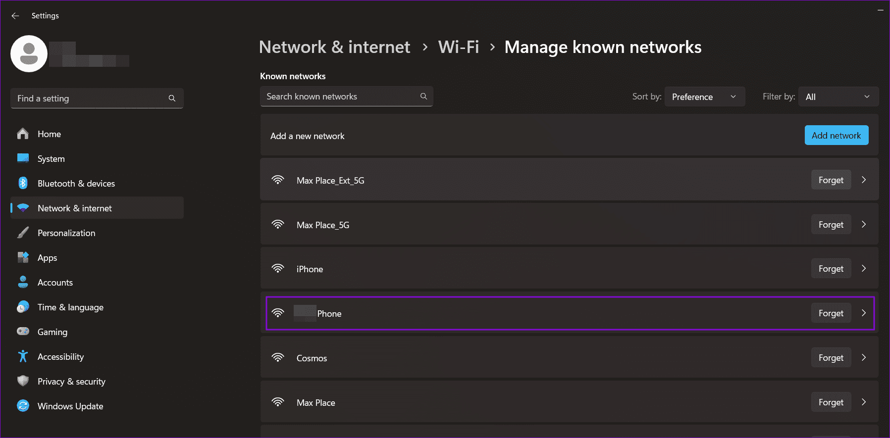 Forget A Network Option On PC