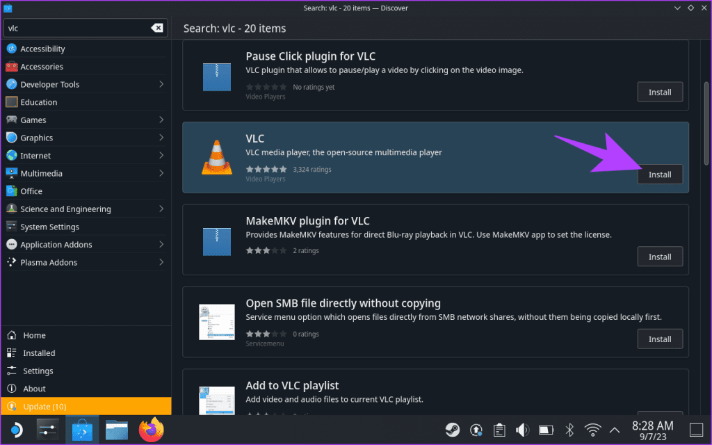 From the search results select the following VLC media player option