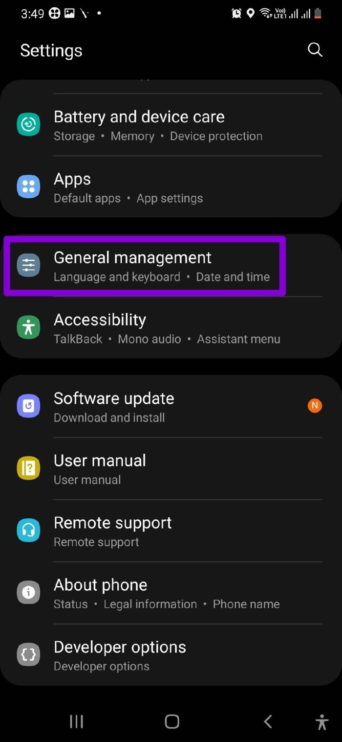 General Management Settings on Samsung
