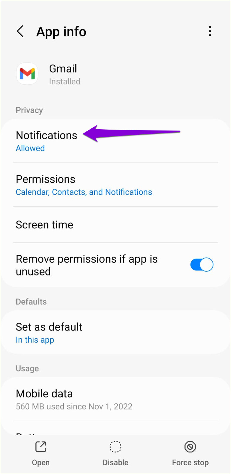 Configuración de notificaciones de la aplicación Gmail en Android