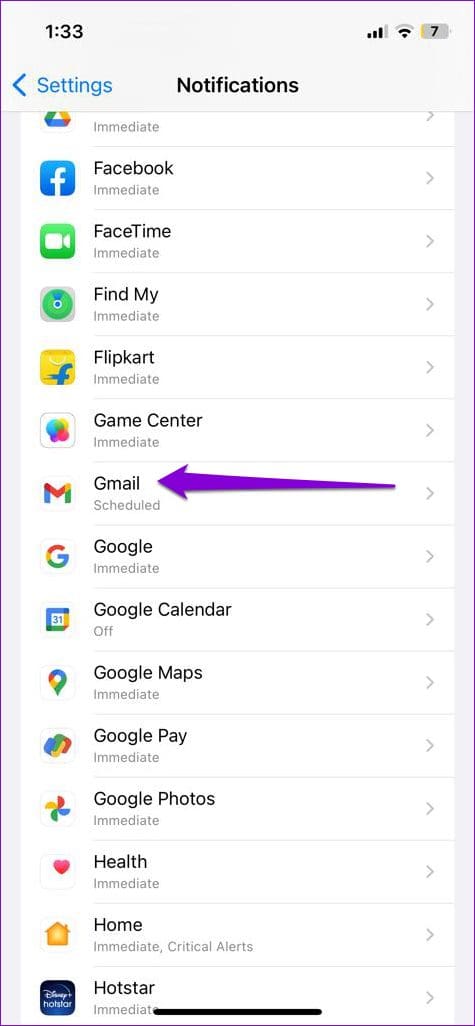 Gmail App Notification Settings on iPhone