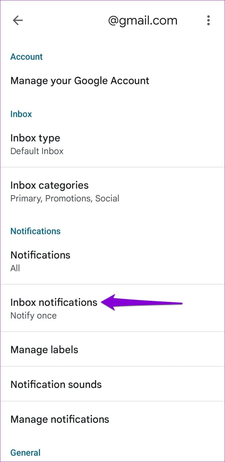 Gmail Inbox App Notification Settings on Android