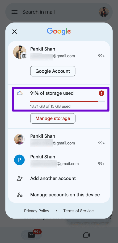 Gmail Storage Status on Phone