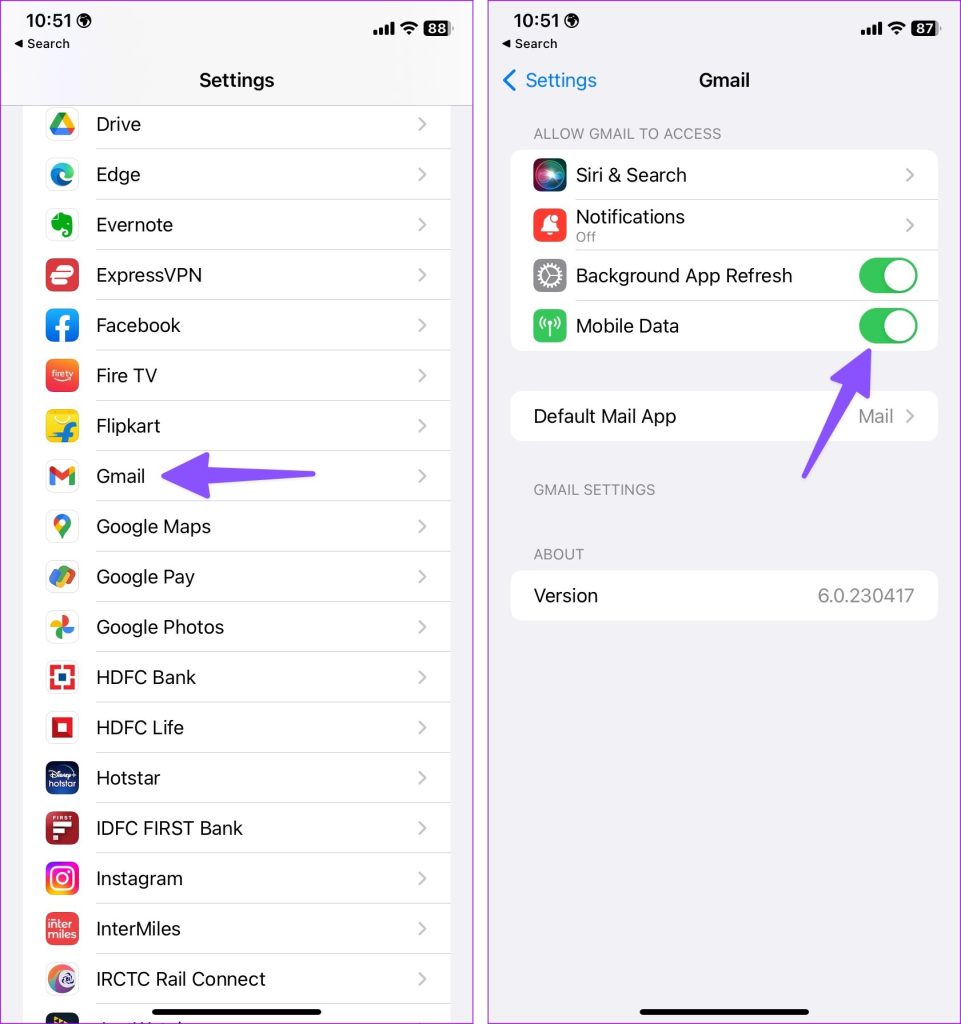 Enable mobile data for Gmail