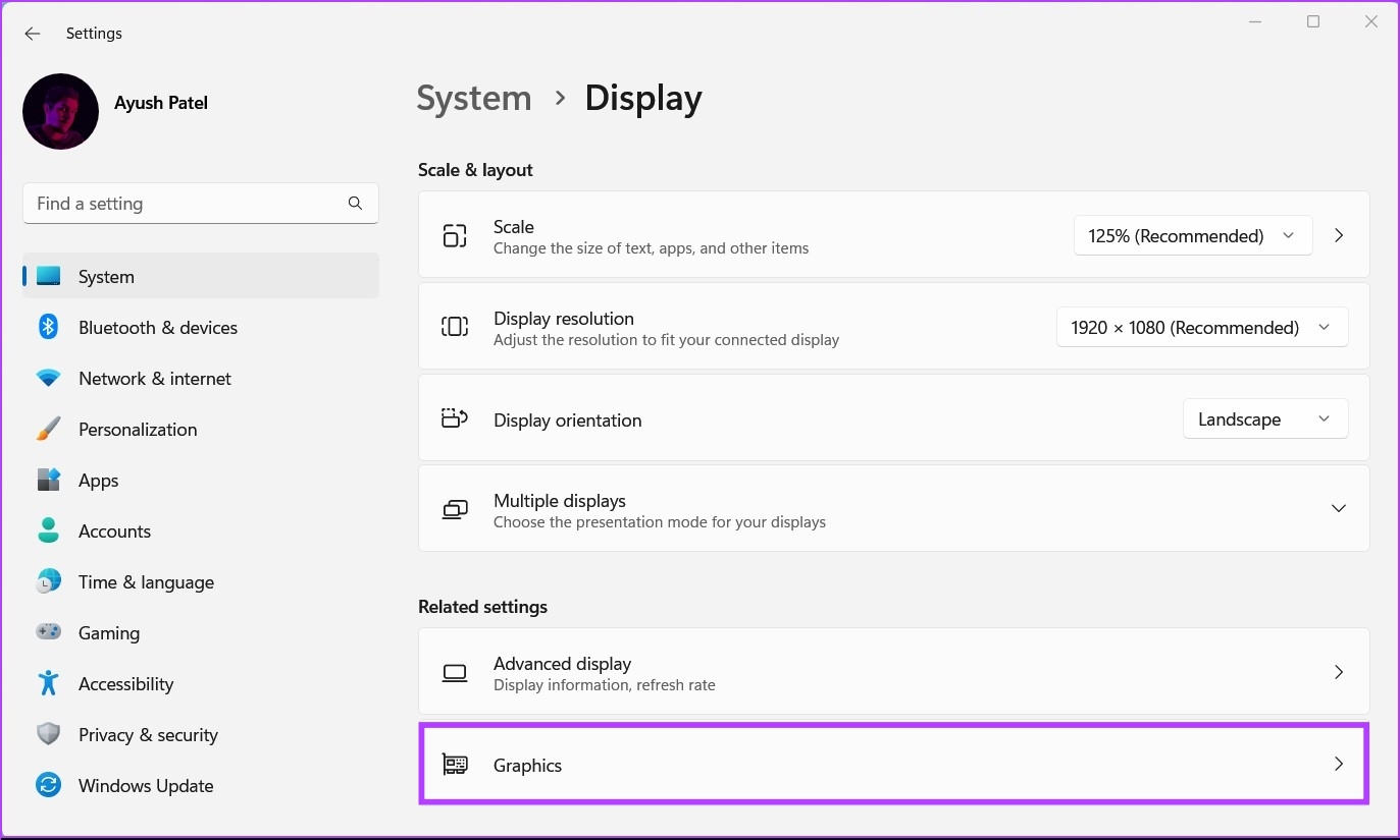 Display and Graphics settings in Windows 11