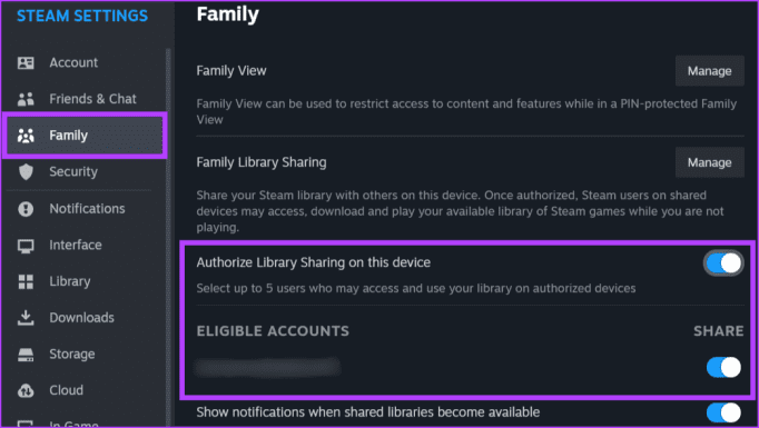 How To Share Games On Steam With Friends And Family Guiding Tech Go To The Family Tab Enable Authorize Library Sharing On This Device And Toggle On The Switch Next Your Friend Name 682x385 