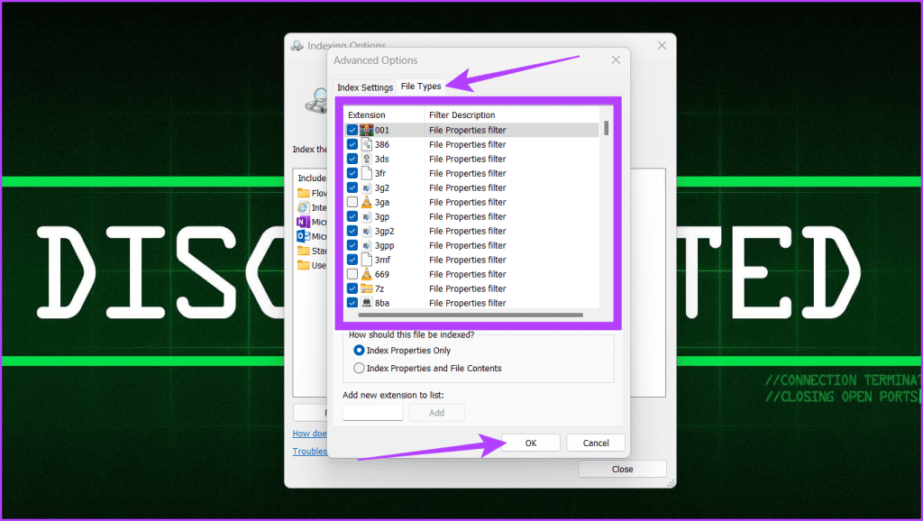 Go to the File Types tab uncheck the box next to the file you want to hide and click OK