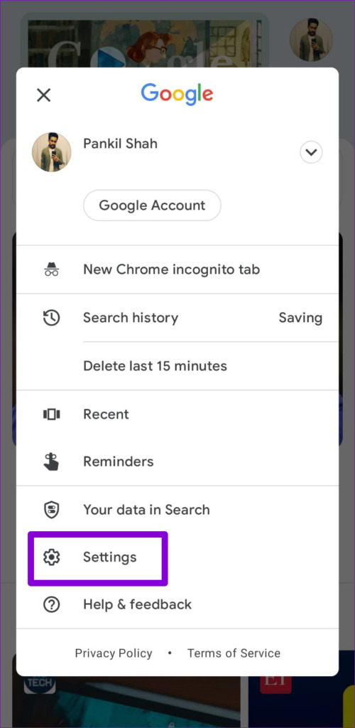 Google App Settings on Android