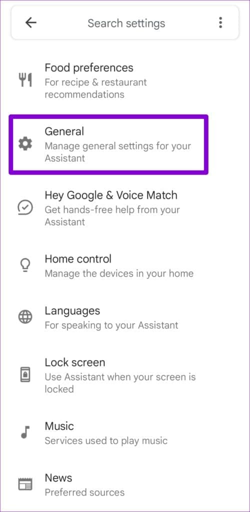 Google Assistant Settings Menu