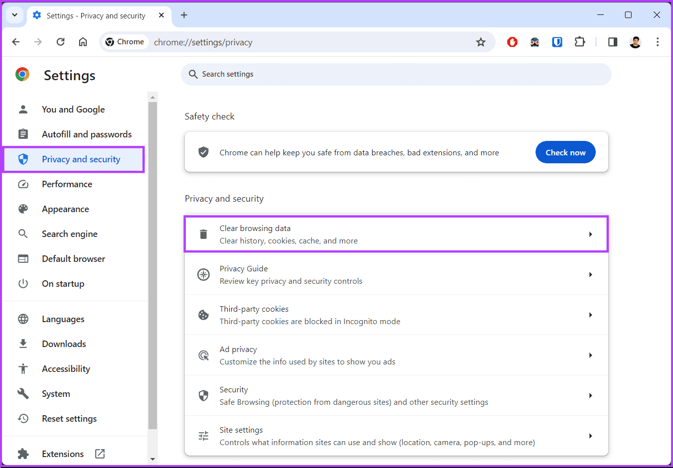 'Privacy and Security' tab