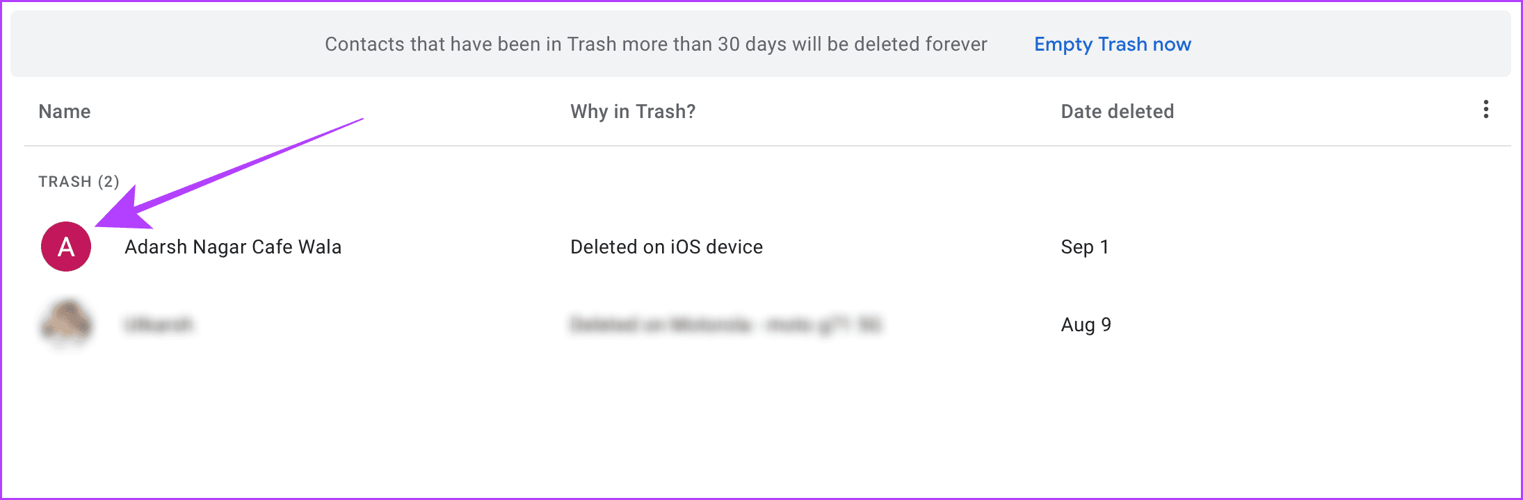 Google Contacts Trash on Web