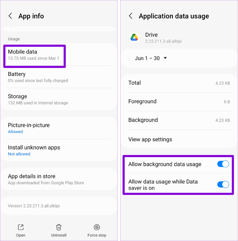 Google Drive Mobile Data Usage on Android