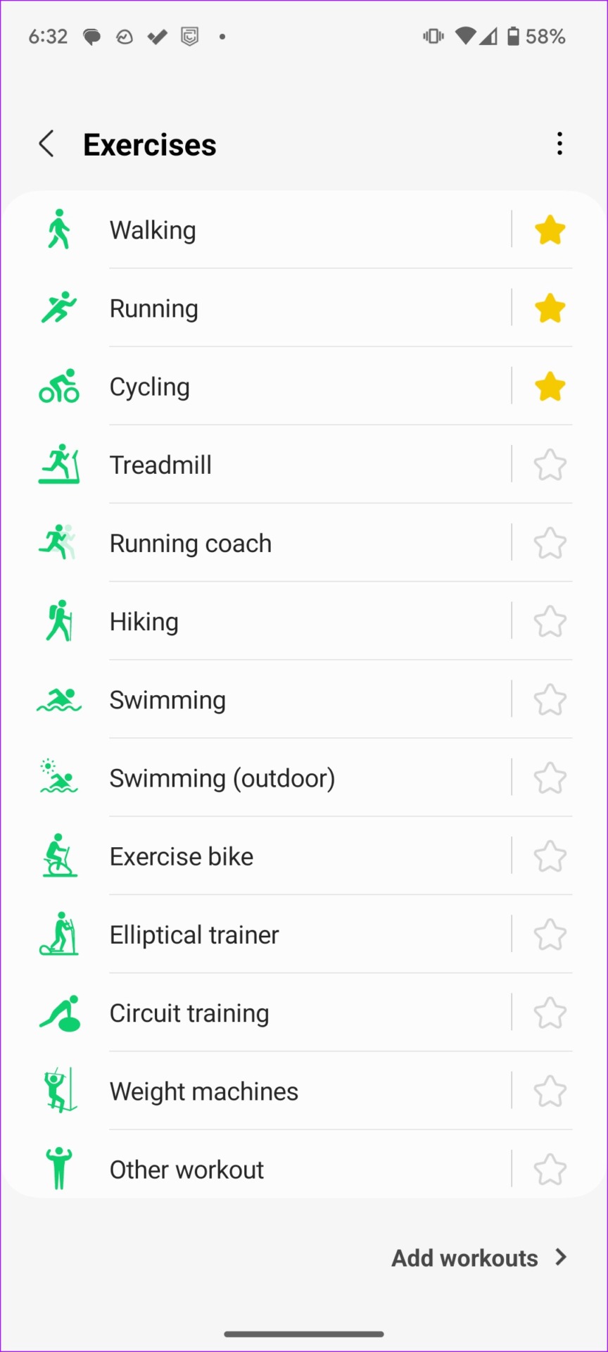 Samsung Health workout modes
