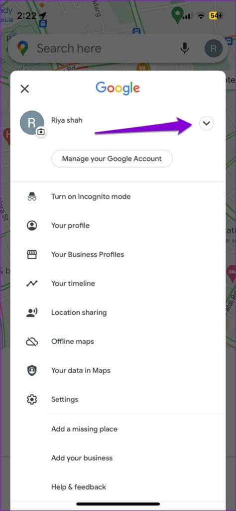 Google Maps Menu on iPhone