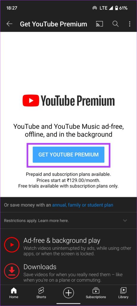 Get YouTube Premium button