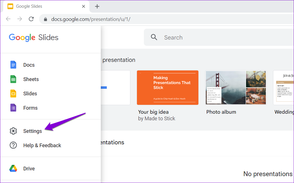 Google Slides Settings in Chrome