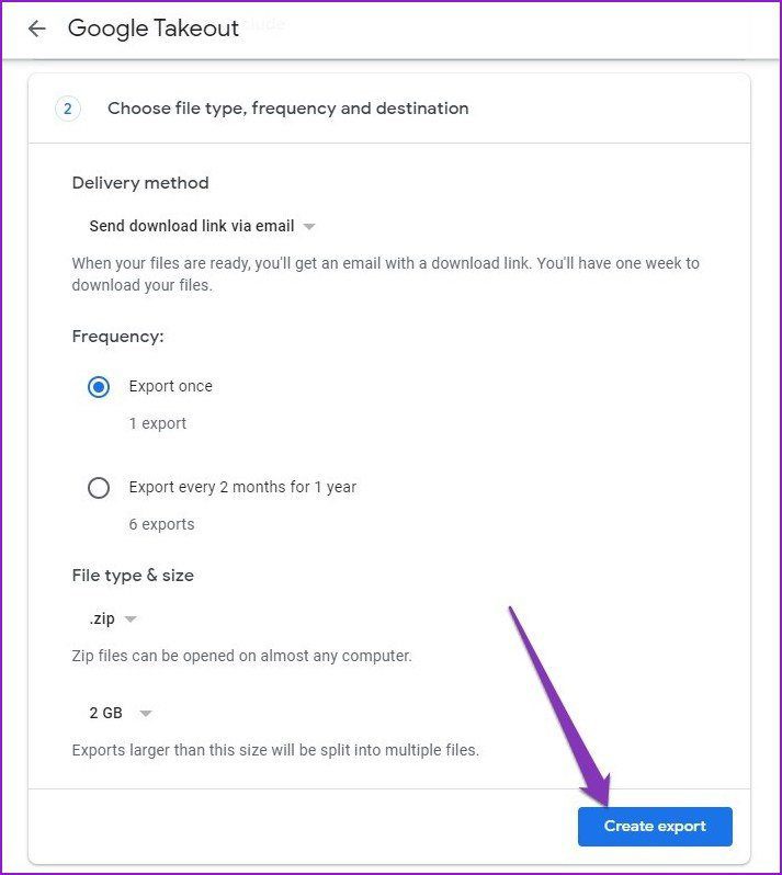 Google Takeout Create export
