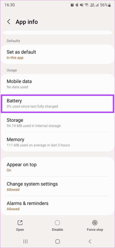 Battery settings for Google app