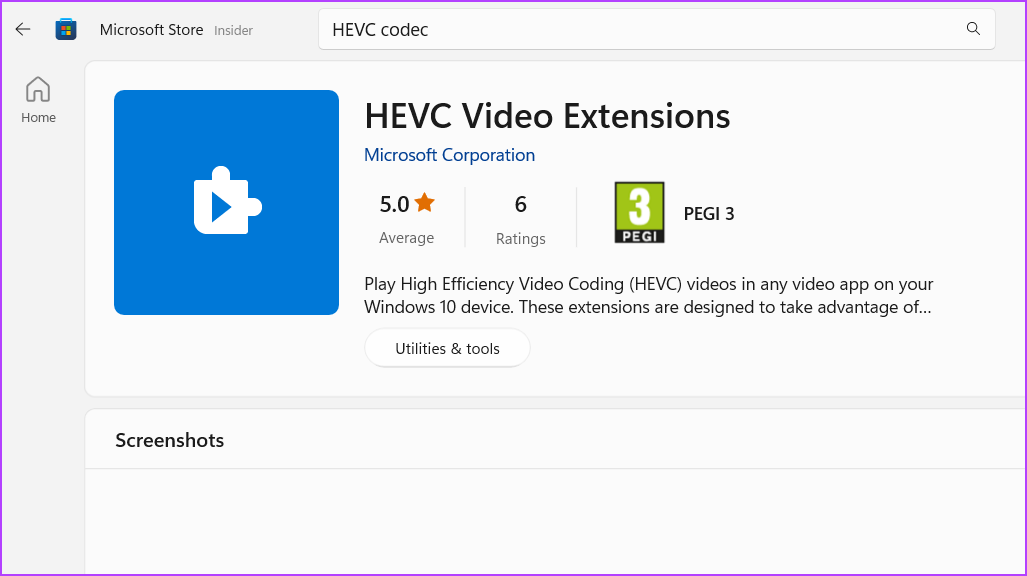 HEVC Codec in Microsoft Store