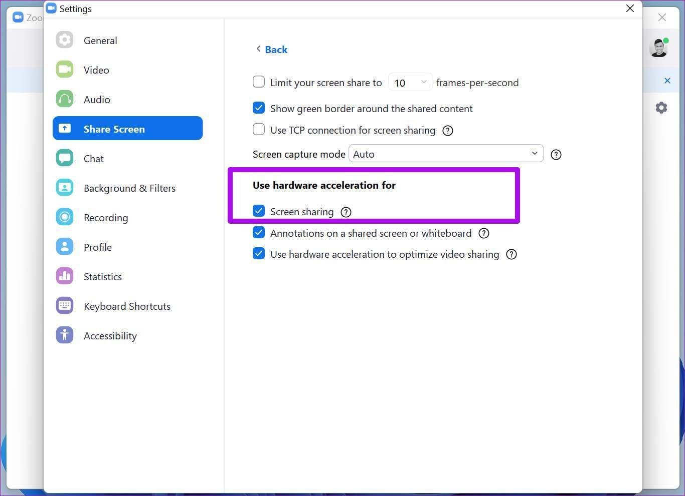 Hardware acceleration for screen sharing