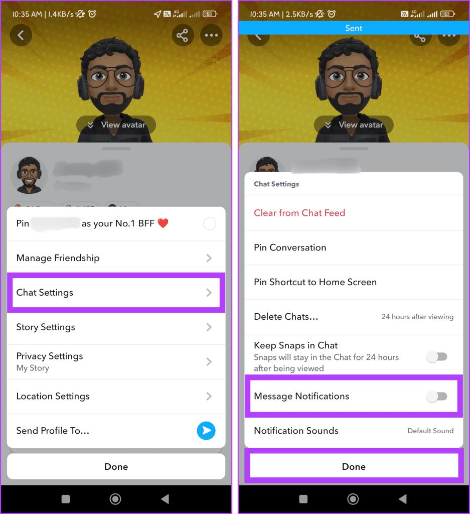 Head to Chat Settings turn off the button next to Message Notifications and tap Done
