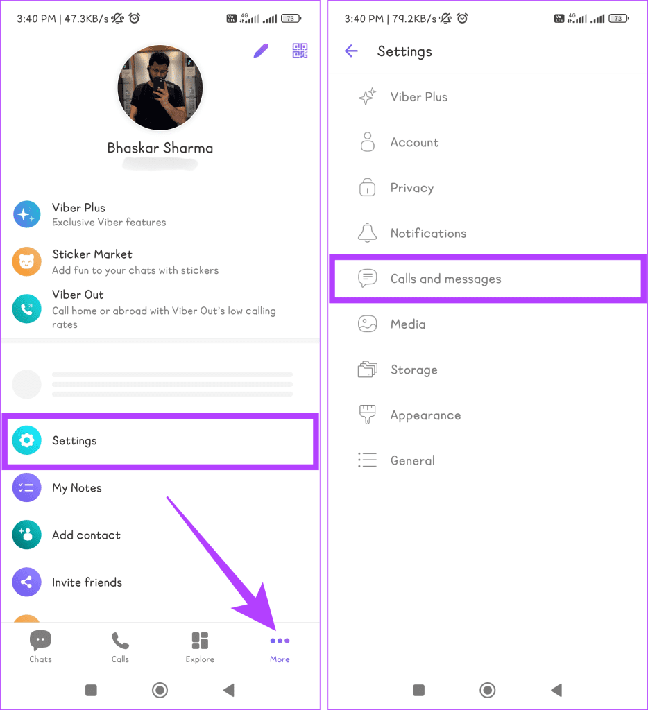 Head to the More tab choose Settings and select Calls and messages
