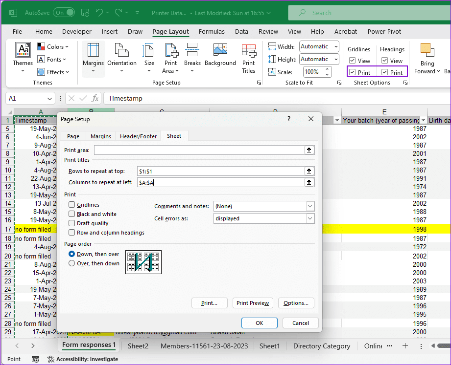 Headings Print Option in Excel