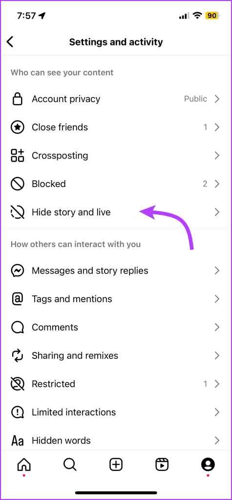 Select Hide story and live