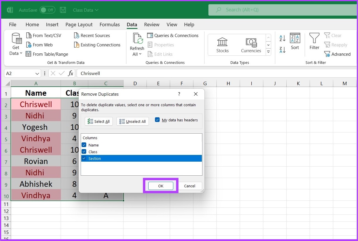 Click OK and leave reset on Excel